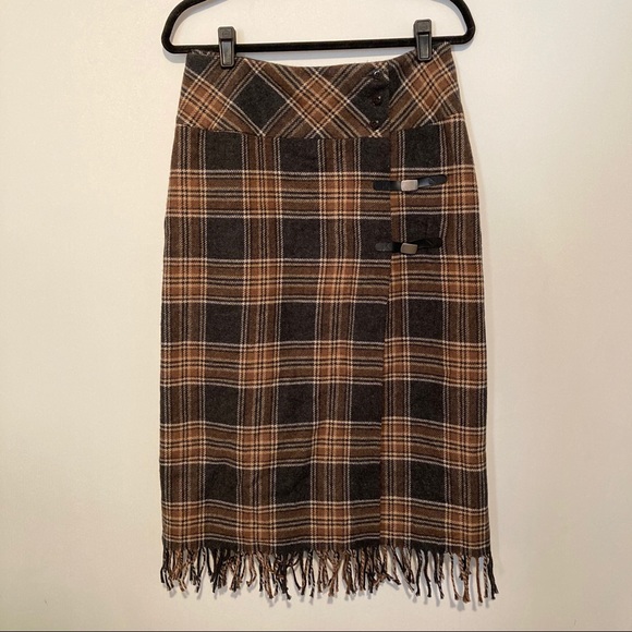 david n Dresses & Skirts - Wool blend skirt size 10 brown black plaid fringe